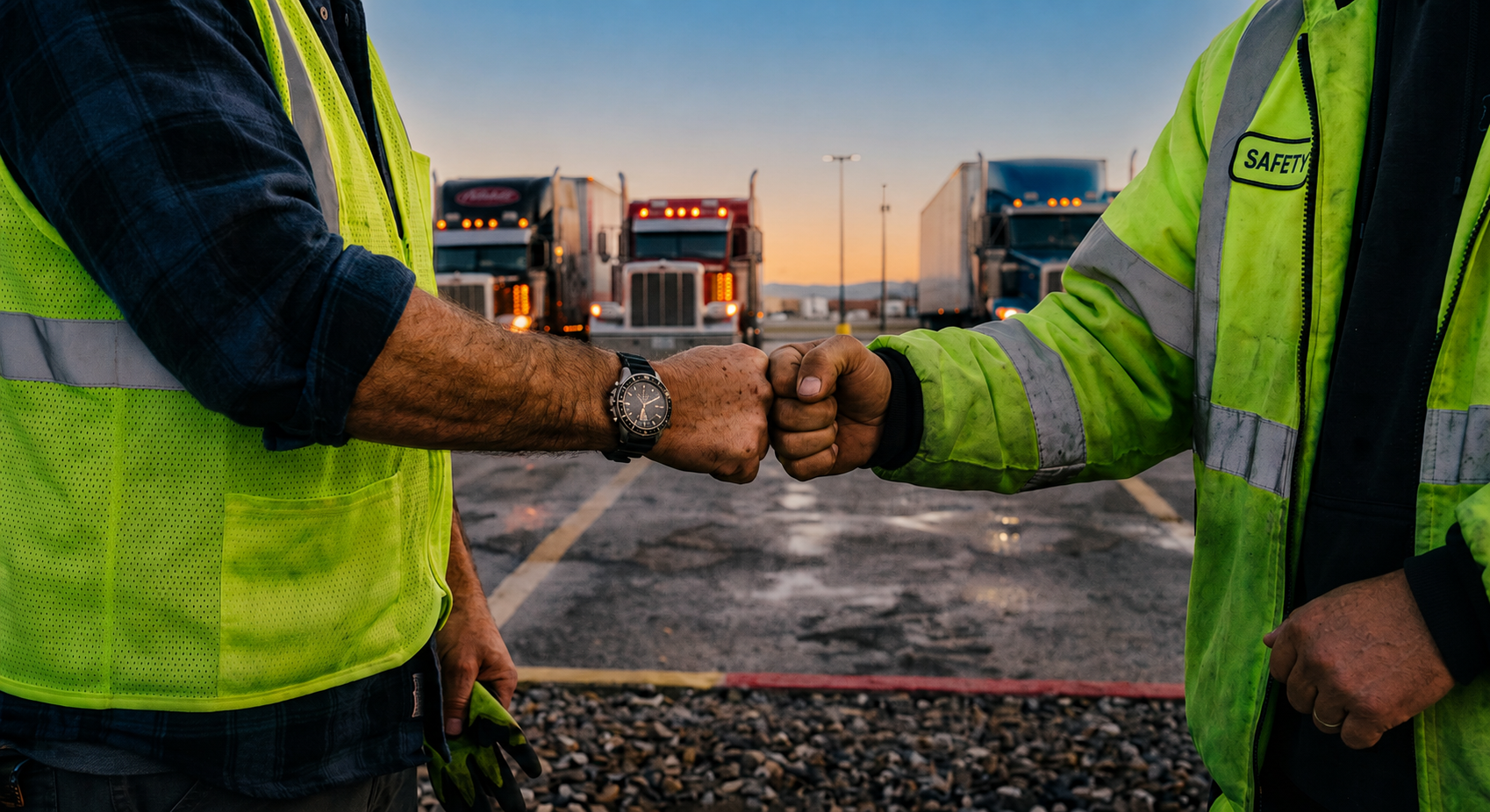 Two drivers bumping fists at a truck stop