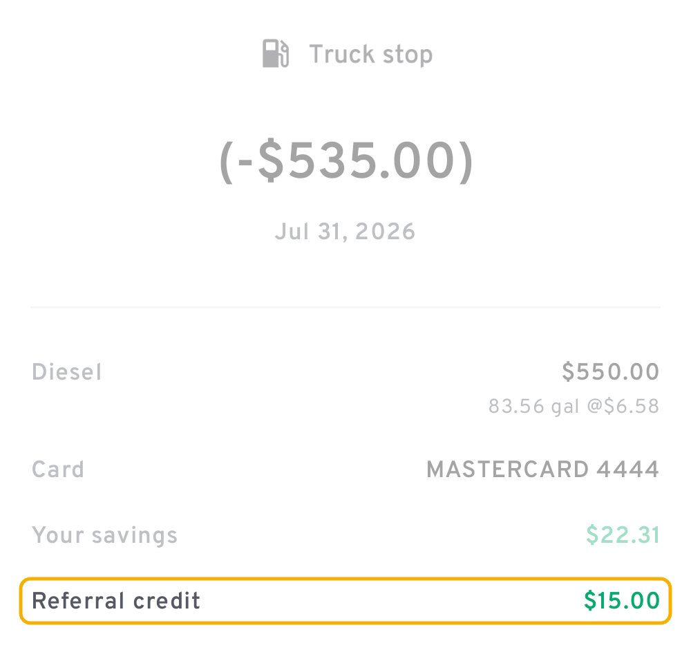 Fuel receipt with a $15.00 referral credit highlighted